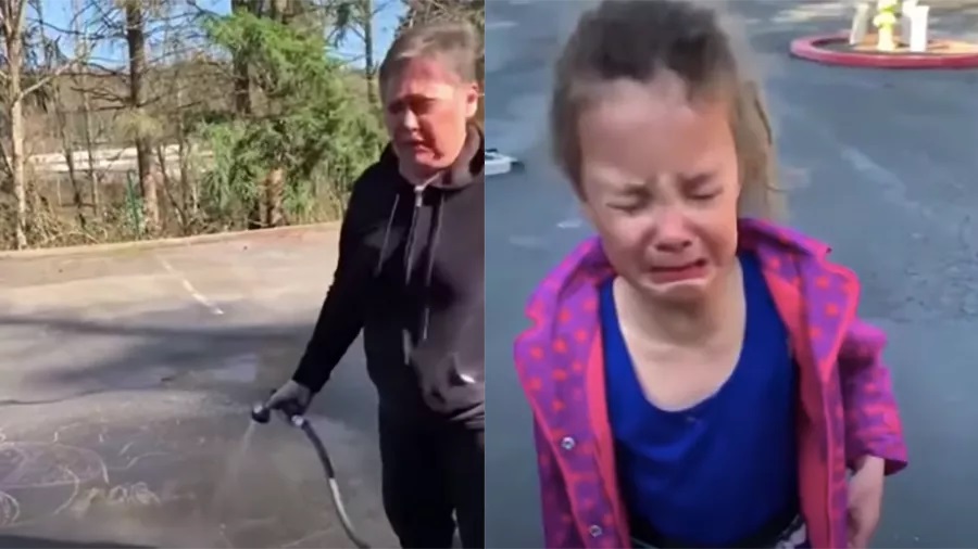 Rude Woman Hoses Off Child’s Chalk Art, Calls It A “Mess”